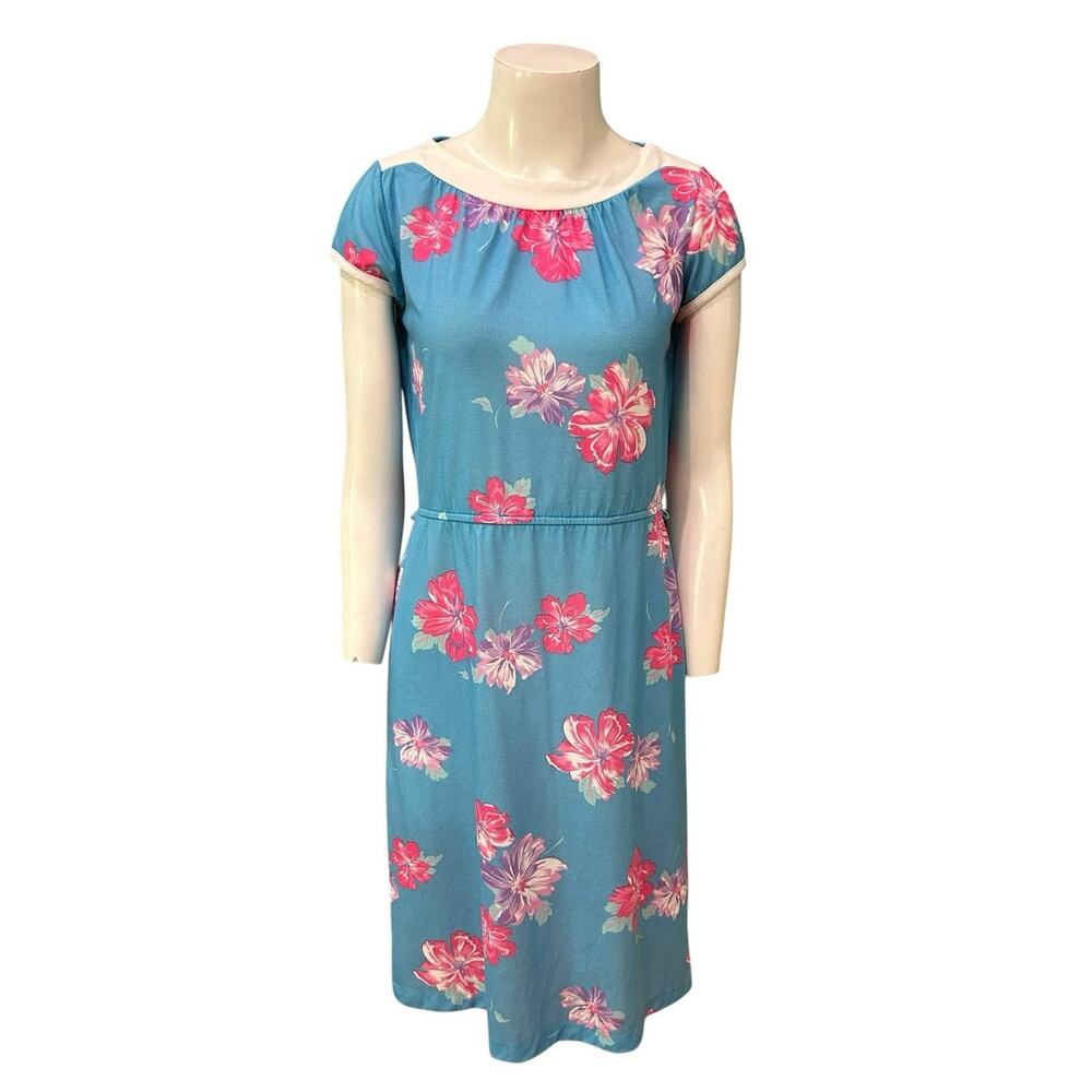 Vintage 80s Floral Dress Blue Pink Tea Dress Cottagecore Small -